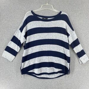 Slanl Striped‎ Coastal Nautical Lightweight Knit Sweater Navy Zipper Accent L